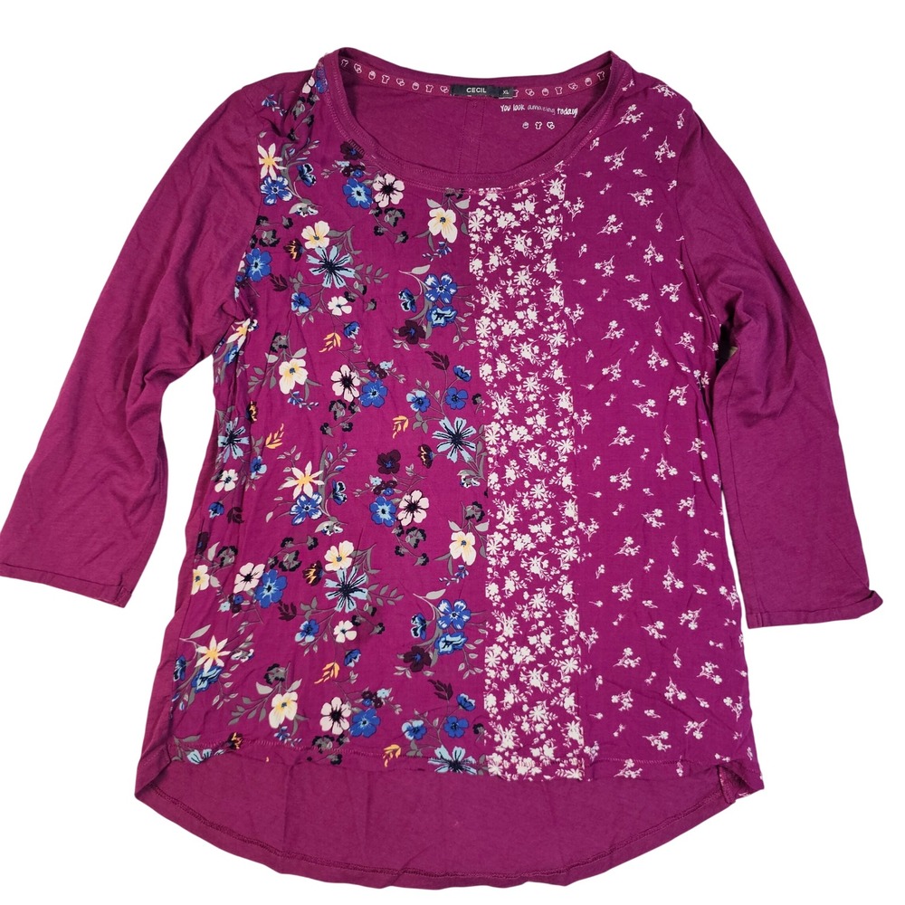 CECIL Womens XL Purple Mixed Floral Print Long Sleeve Crew Neck Top‎ Berry